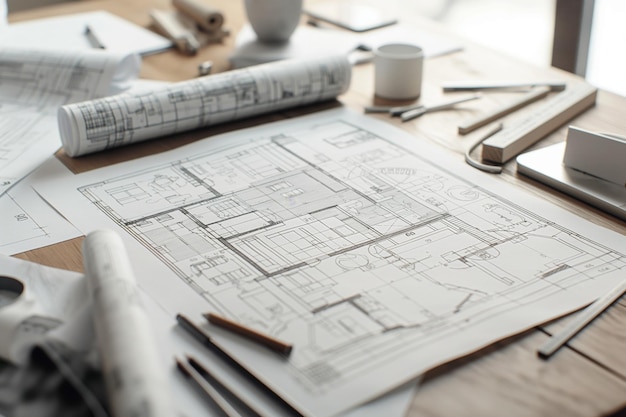 Detailed view of architectural blueprints with tools on a wooden desk illustrating the planning phase in architecture