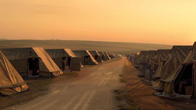 Detailed view of an army camps tents open doors with an orange sky and distant hills