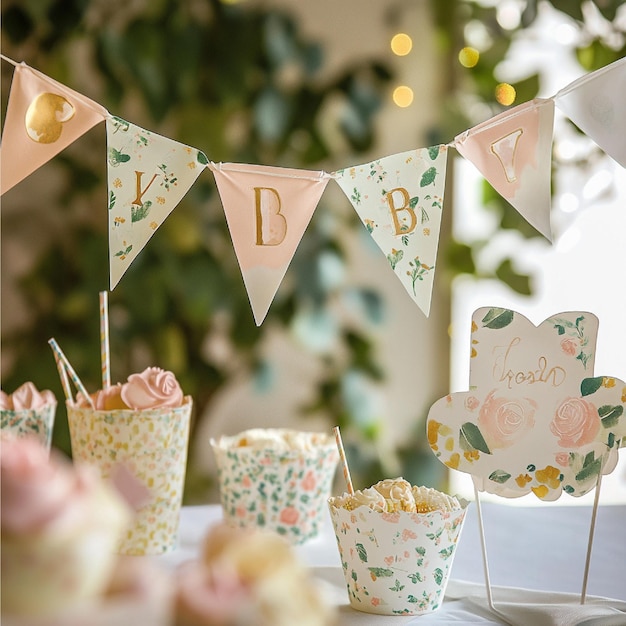 Photo a detailed view of baby shower decorations including bunting garlands and themed tableware