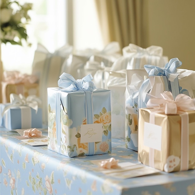 Photo a detailed view of a baby shower gift table with wrapped presents gift bags and thankyou notes