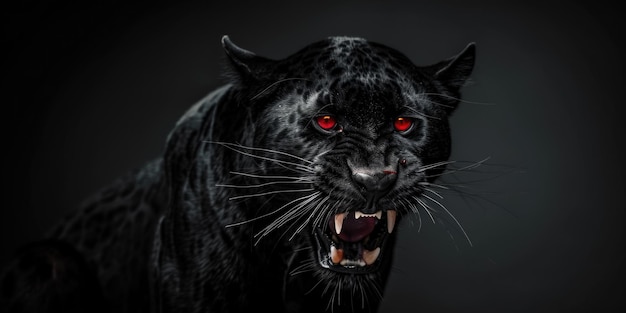 A detailed view of a black leopard39s face with distinctive red eyes