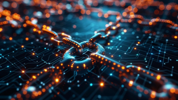 Photo detailed view of blockchain connections overlaid with transportation logistics and digital signal pathways