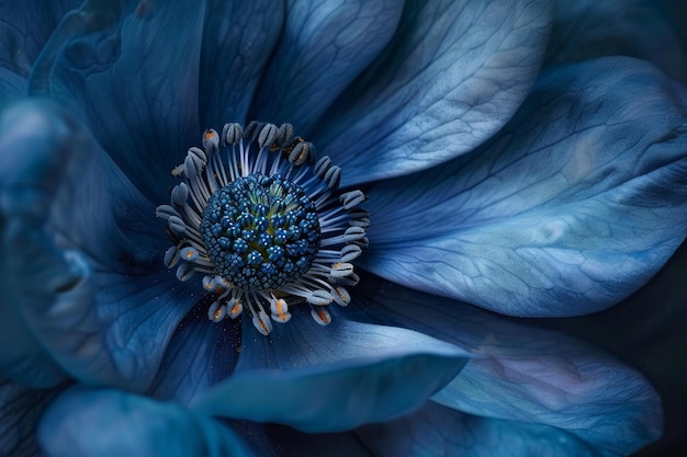 Photo detailed view of a blue flower against a black backdrop textures of a blue flower that invite closer inspection