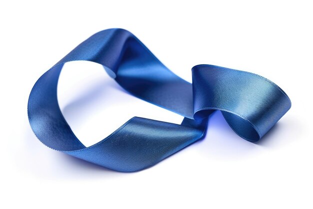 A detailed view of a blue ribbon against a plain white background