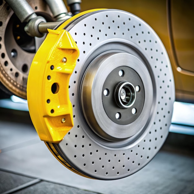 Photo detailed view of a brake disc with caliper on a car during a maintenance check generative ai