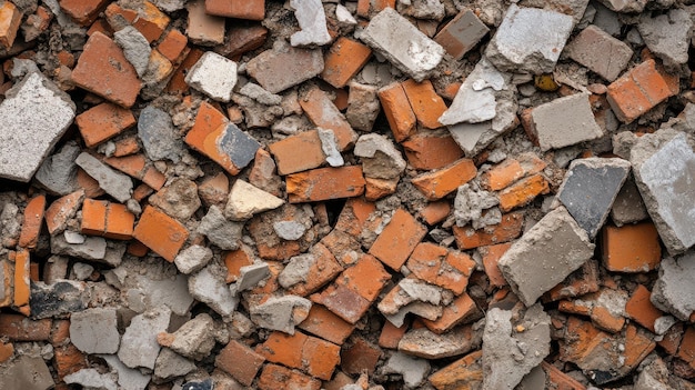 Photo detailed view of brick rubble scattered from a house wall