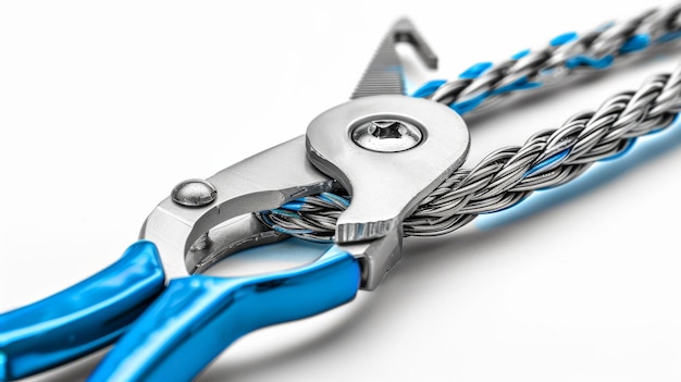 Photo detailed view of a cable cutter isolated on a white background