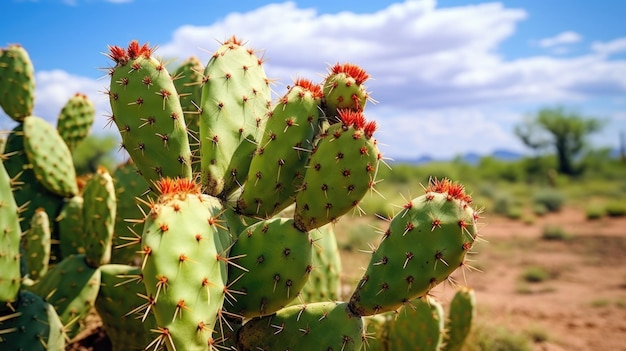 A detailed view of a cactus plant with vibrant red flowers Suitable for botanical and desertthemed designs