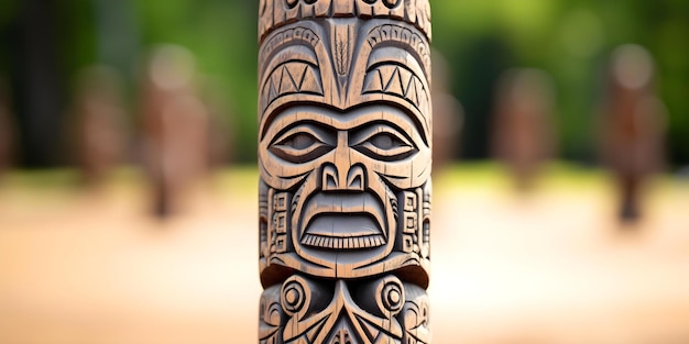 Detailed View of Carved Symbols on Ancient Wooden Totem Pole against White Background Concept Totem Pole Ancient Symbols Wooden Carvings White Background Detailed View