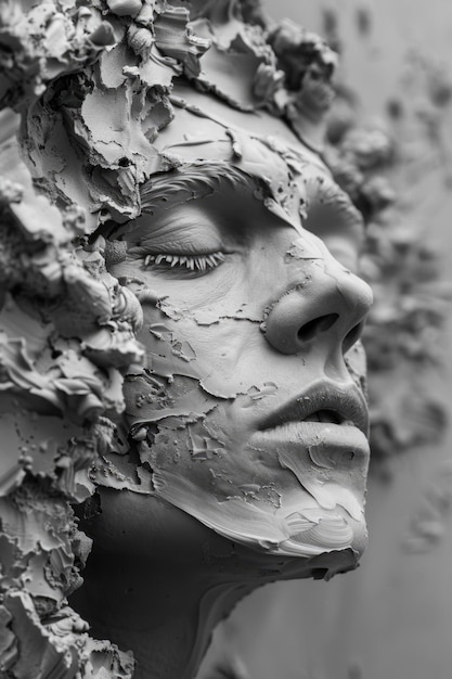 A detailed view of a clay sculpture depicting a woman39s face suitable for editorial use in art or design contexts