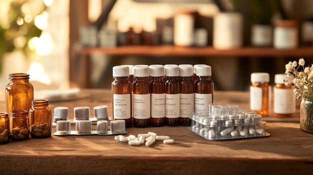 A detailed view of a collection of medicine bottles with labels and pill organizers on a wooden tabletop