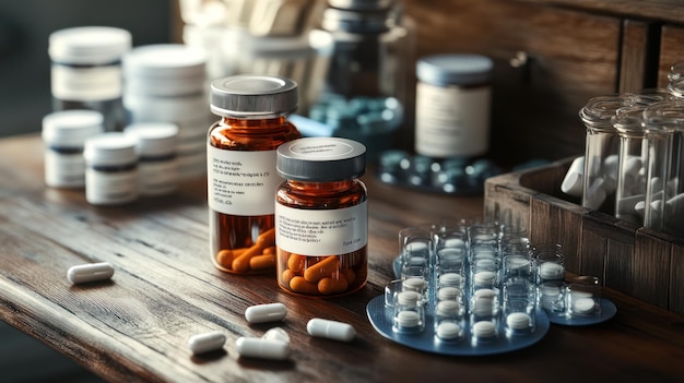 A detailed view of a collection of medicine bottles with labels and pill organizers on a wooden tabletop