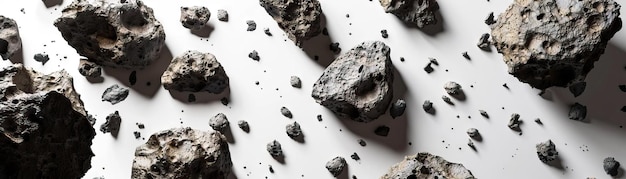 Detailed view of a collection of variously sized asteroids their rugged pockmarked surfaces in sharp focus suspended as if in the weightlessness of space isolated on a white background