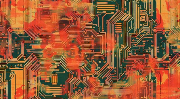 Photo detailed view of a computer motherboard with electronic circuits and pathways