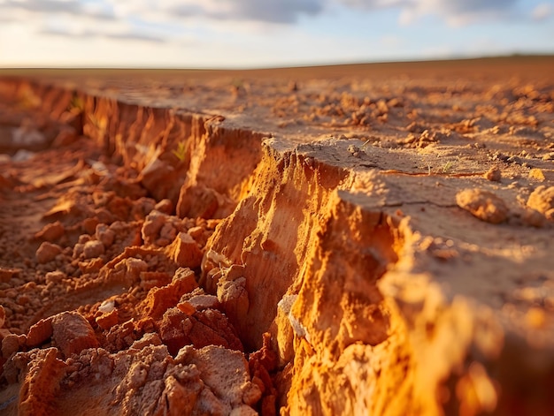 Detailed view of cracked earth showcasing erosion patterns at sunset in an arid landscape