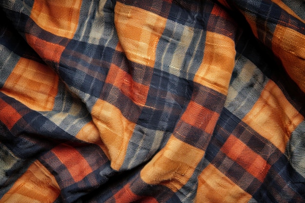 Photo detailed view of the crumpled surface of a plaid fabric showing patterns and colors