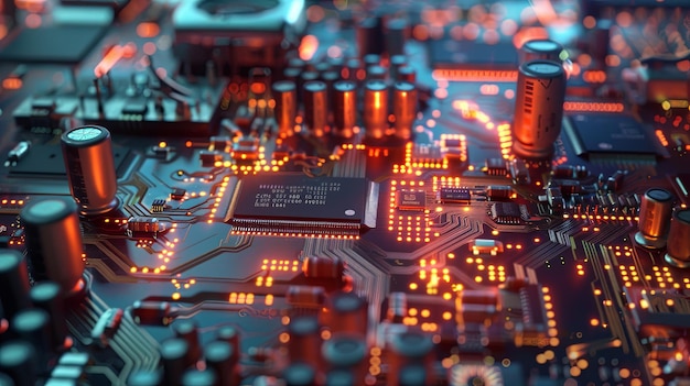 Detailed view of electronic microchips and printed circuit boards on a computer motherboard in a man