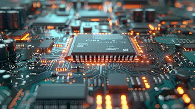 Detailed view of electronic microchips and printed circuit boards on a computer motherboard in a man