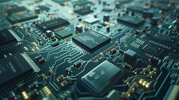 Detailed view of electronic microchips and printed circuit boards in a manufacturing workshop Genera