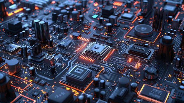 Detailed view of electronic microchips and printed circuit boards in a manufacturing workshop settin