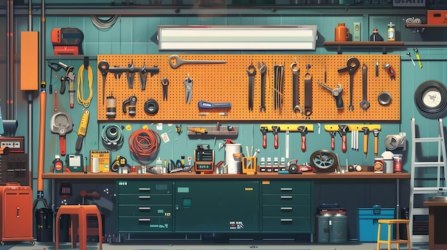 Detailed View of a Fully Equipped Mechanical Workshop with Various Tools and Equipment