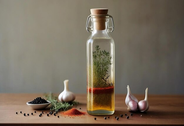 Photo detailed view of garlic thyme and peppercorns in glass bottle