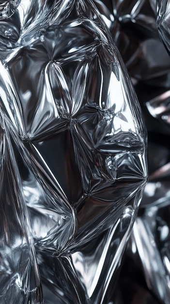 Photo detailed view of a glossy crinkled plastic texture with striking reflections and shadows