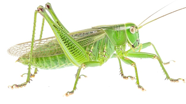 A detailed view of a grasshopper39s body and legs on a clean white surface