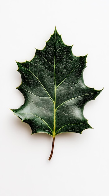 Detailed view of a green holly leaf showcasing its distinct serrated edges and vibrant color on a neutral background