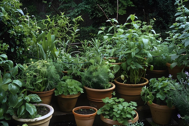 Photo a detailed view of a herb garden featuring a wide range of herbs growing robustly