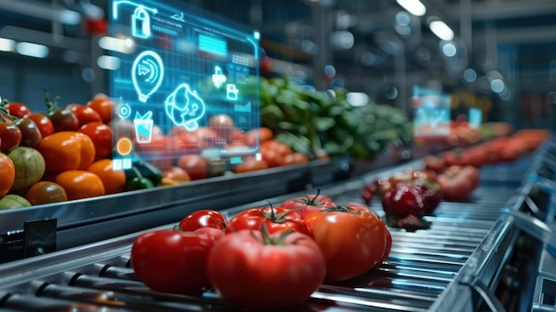 Photo a detailed view of a holographic interface providing realtime analytics for a food processing line illustrating tech integration in food industry