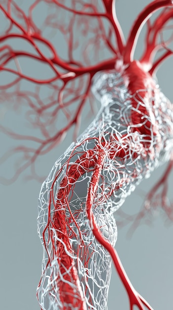 Photo detailed view of human arteries and veins showcasing intricate structures and connections vibrant red and white colors highlight complexity of vascular system evoking sense of wonder about human ana