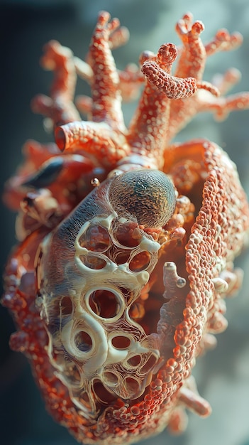 Detailed view of human heart valves showcasing intricate structures and textures highlighting beauty of human anatomy This image captures complexity and elegance of hearts design