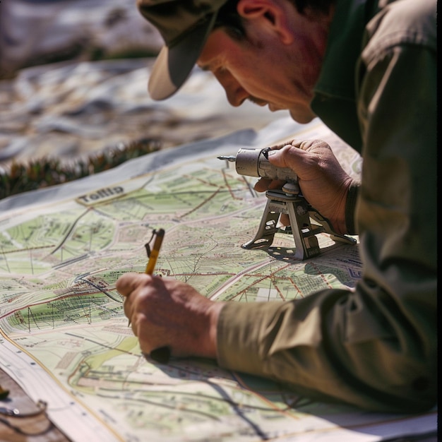 Photo a detailed view of a land surveyor measuring and mapping out a development site