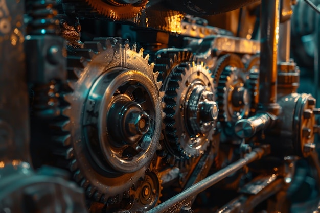 Detailed view of a machine with gears and sprockets in motion creating a dynamic mechanism Working with gears and sprockets to create a dynamic composition