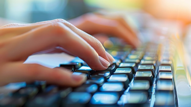 Photo detailed view of a mechanical keyboard with fingers typing on the keys the background features a blurred computer screen the soft cool light adds a modern and hightech feel highresolution