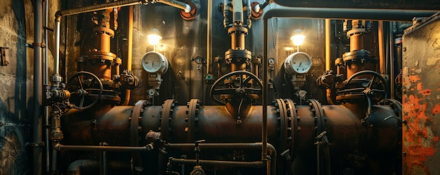 Detailed view of a mechanical room with pipes and valves illuminated by overhead lighting