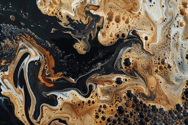 Detailed view of a mixture of black and brown substance with intricate textures and patterns Create a series of abstract pieces inspired by the steam and aroma of brewing coffee