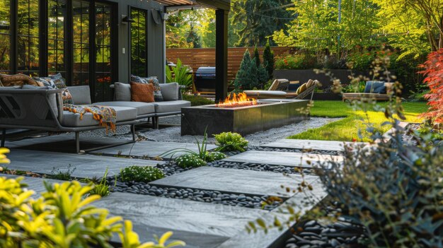 Photo detailed view of a modern home garden with stylish outdoor seating lowprofile furniture and a fire pit