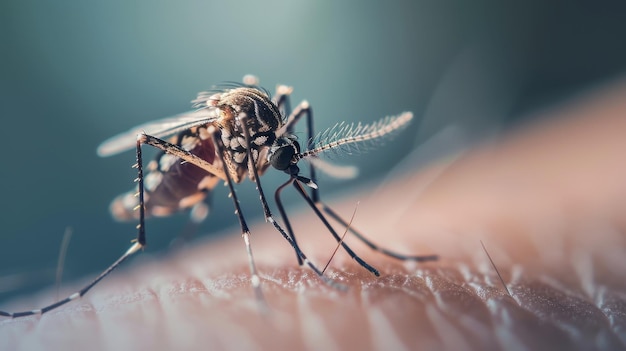 Photo detailed view of a mosquito perched on the surface of human skin in extreme close up