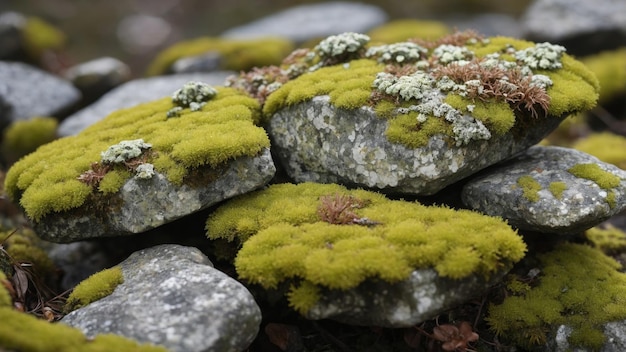 Detailed View of Mossy Rocks with Lichen CloseUp