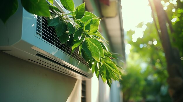 Detailed view of outdoor ductless mini split air conditioner unit in garden setting