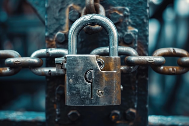 A detailed view of a padlock attached to a gate showcasing its sturdy construction and secure lock A lock with layers of encryption hurdles AI Generated