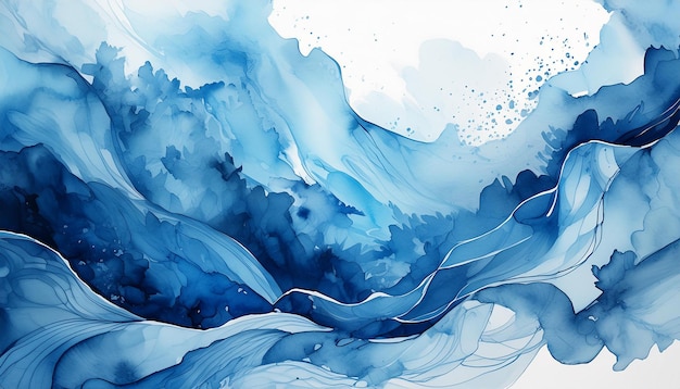 A detailed view of a painting created with shades of blue watercolors on a plain white background