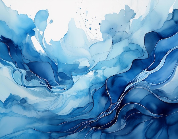 A detailed view of a painting created with shades of blue watercolors on a plain white background