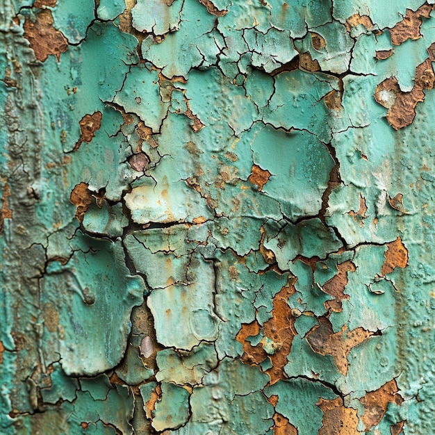 Photo detailed view of peeling turquoise paint on a weathered metal surface outdoors