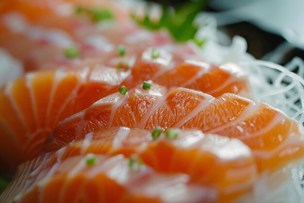 Photo a detailed view of a plate with a variety of food items including bright orange slices a closeup of a freshly sliced piece of sashimi