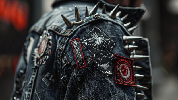 Detailed view of a punk rock aesthetic with spiked hair and band patches sewn onto a denim jacket ar 169 Job ID db97db57a5c549ceb5ea42a801d2303c