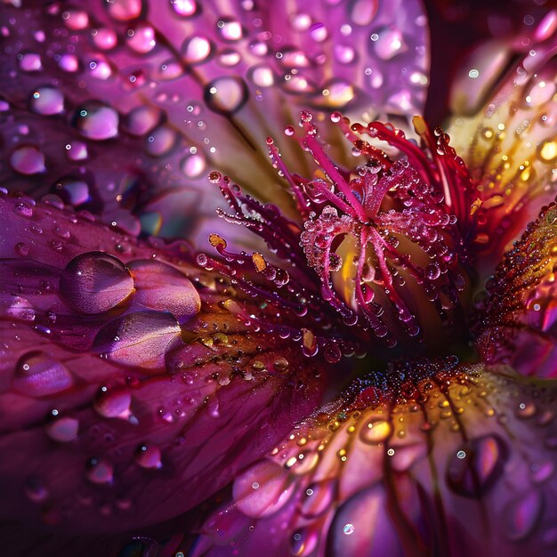 Photo a detailed view of a purple flower covered in water droplets