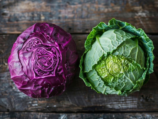 Photo detailed view of a red cabbage on the left and a green cabbage on the right